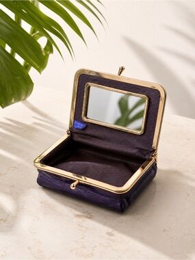 Vintage Purple & Gold Eel Skin Clutch with Mirror | Glossy Exotic Evening Bag